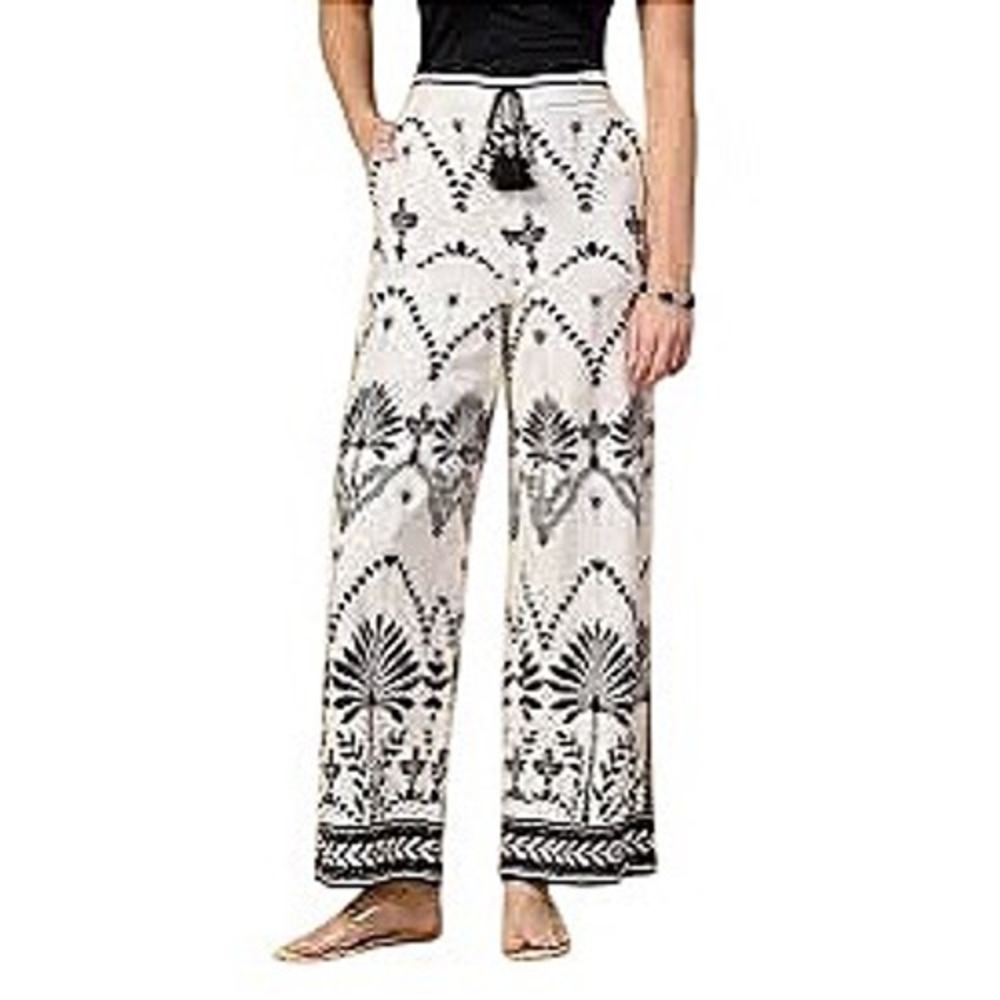 Ellen Tracy Embroidered Tassel White Black Wide Leg Boho Pants S